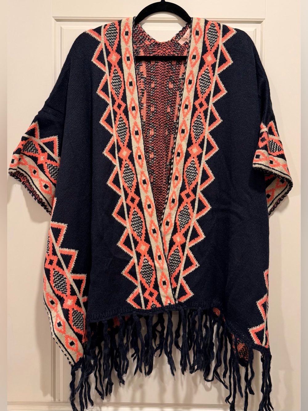 Navy Geometric Fringe Knit Poncho - Coral & Cream Accents